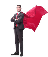 full length . confident businessman superhero in a red Cape