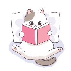 Cartoon cute  book day, Adorable white cat reading book vector.