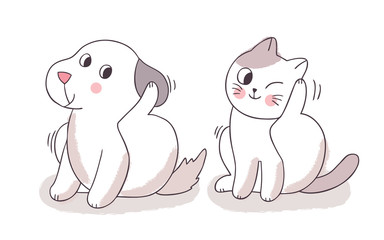 Cartoon cute cat and dog scratching vector.