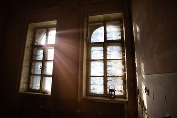 Fototapeta na wymiar Spooky window with lantern and spider web.