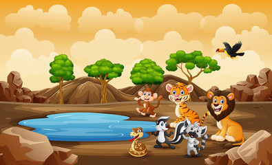 Scene with wild animals in the savanna field