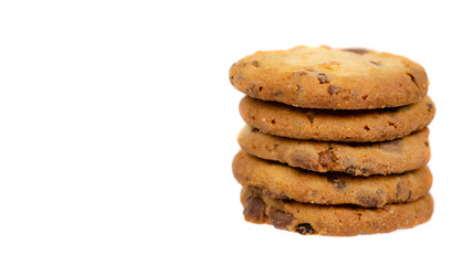 Round cookie with chocolate drops. Isolated on white.