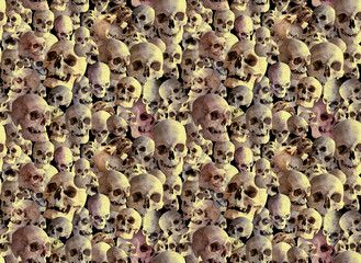 Seamless background of many human skulls. Illustration.