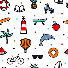 Summer Icons Color seamless pattern  Black line Travel, vacation and weekend Vector illustration