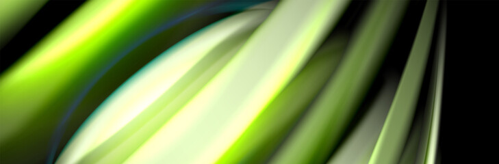 Silk and smooth flow wave poster design. Color waves, liquid style lines and shapes in black color background