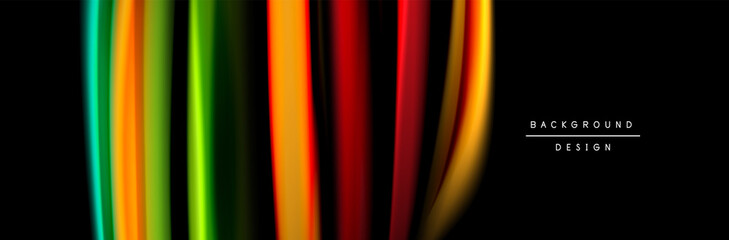 Silk and smooth flow wave poster design. Color waves, liquid style lines and shapes in black color background