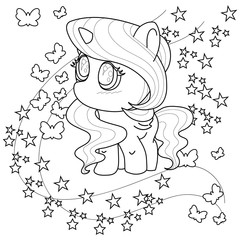 Black line cute unicorn for coloring book or page. Black and white.  Beautiful pony character vector illustration isolated on white outlined. For design prints, posters.