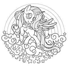 Black line cute rainbow unicorn for coloring book or page. Black and white.  Beautiful pony princess character vector illustration isolated on white outlined. For design prints, posters.