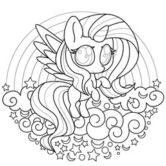 Cute little unicorn outline. Kawaii black and white for coloring. Rainbow cloud background. Vector illustration