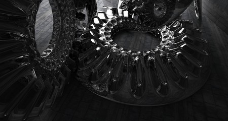 Architectural background. Abstract concrete interior with smooth chrome discs. 3D illustration and rendering.