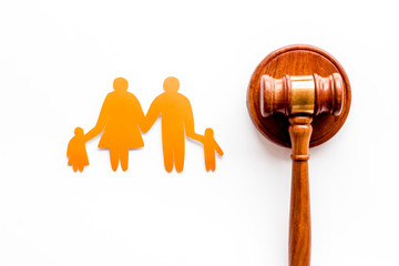 Divorce court concept. Judge gavel near family on white background top-down