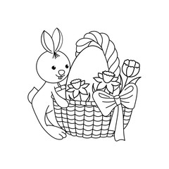  Easter bunny and a basket with an egg and flowers. Contour image. Decor element. Vector illustration.