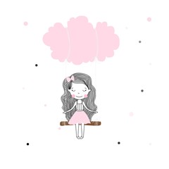 Cute little girl in pink with swinging on a cloud cartoon style. t-shirt print, wall art, poster vector design