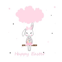 Easter themed kids characters. Cute little ribbon hold basket of eggs girl in pink with swinging on a cloud cartoon style.. eggs hunt, Colourful Easter graphics. t-shirt print, poster vector design