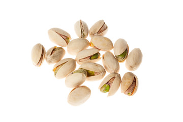 Salted pistachios nuts isolated on white background. Healthy snack.