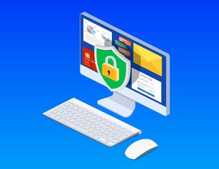 Data protection. Internet security. 3d isometric computer pc with shield, lock. Concept for web page, banner, presentation, social media, documents, cards posters
