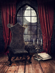 Gothic room with an old chair, books, candles and vintage curtains. 3D render. - 327484067