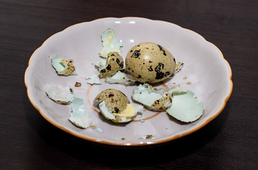 Boiled quail egg and shell on a white plate on a background of black wooden table. Fresh, natural, healthy eggs close-up for breakfast.