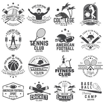 Set of american football, fitness, basketball, cricket, tennis, baseball club badge. Vector for shirt, logo, print, stamp. Vintage design with sportsman player, helmet, ball silhouette