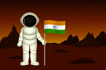 Indian astronaut stand on Mars surface and hold flag of India. Vector illustration. © Vector DSGNR