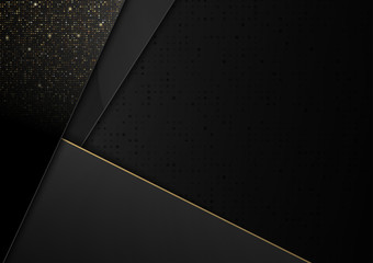 Abstract background with black paper art design and golden glitters in luxury concept.