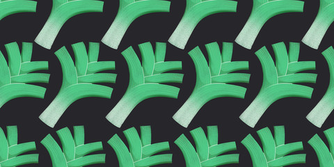 Hand drawn color leek seamless pattern. Organic fresh vegetable illustration isolated on dark background. Retro vegetable botanical background.