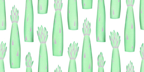 Hand drawn color asparagus seamless pattern. Organic fresh vegetable illustration isolated on white background. Retro vegetable botanical background.