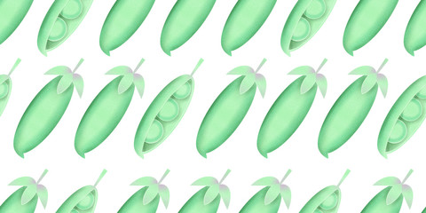 Hand drawn color peas seamless pattern. Organic fresh vegetable illustration isolated on white background. Retro vegetable botanical background.