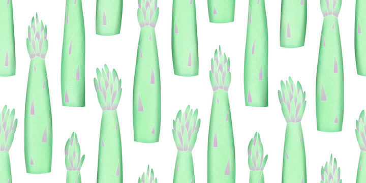 Hand drawn color asparagus seamless pattern. Organic fresh vegetable illustration isolated on white background. Retro vegetable botanical background.