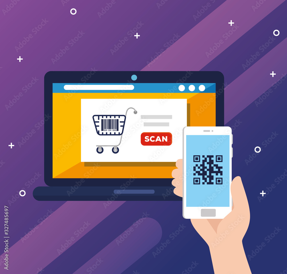 Poster scan code qr with laptop computer and icons vector illustration design