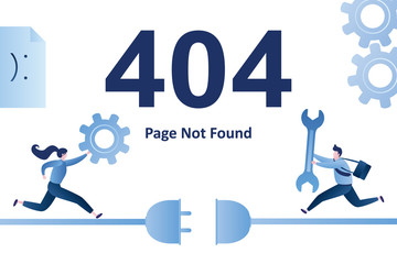 404 error,page not found landing page template. Female coder with gear,running programmer with wrench.