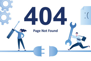 404 error,page not found landing page template. Female worker with screwdriver and running male programmer with wrench