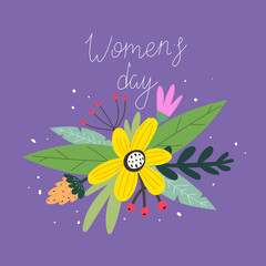 Fototapeta na wymiar women's day. hand drawing lettering, flowers, decoration elements on a neutral background. colorful festive vector illustration, flat style. calligraphic font, doodle phrase. design for print, greeti