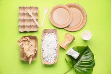 Different garbage on color background. Recycling concept