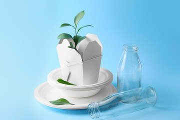 Different garbage on color background. Recycling concept