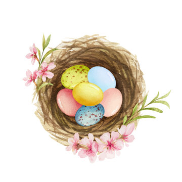 Happy Easter vector watercolor hand painted greeting card. 