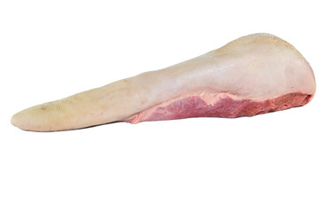 Raw beef tongue isolated on a white background, close-up, meat offal, selective focus