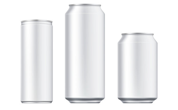 Vector aluminium beer and slim soda can mock up blank template. Juice, soda, beer jar blank isolated on white background. Aluminum can for design. Realistic aluminum cans.