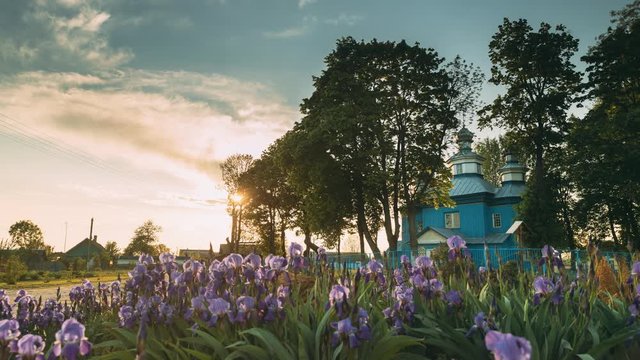 Staraya Belitsa, (Uritskiy Sel'sovet), Gomel Region, Belarus. Old Wooden Orthodox Church Of St Nicholas The Wonderworker During Summer Sunset. Orthodox Church Of St. Nikolaya Chudotvortsa