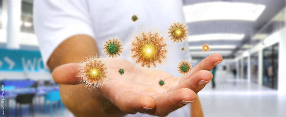 Poster Man analyzing bacteria on microscopic close-up 3D rendering