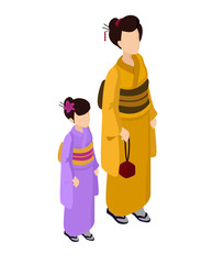Isometric vector woman with girl mother and walking oriental traditional kimono hakama haori walking japan girl woman douther