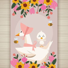 happy easter card with ducks family and flowers