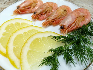 Boiled prawns with lemon and dill slices on a plate.