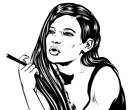 Woman smoking joint. Old fashioned styled vector image