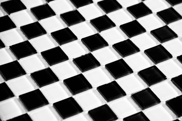 glass tile mosaic black and white checkerboard pattern on a white background tilt