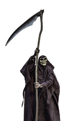 a scythe, dressed in black, on a white background