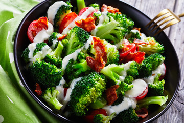 close-up of broccoli tomato salad, top view