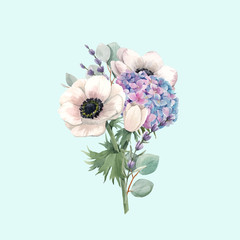 Beautiful vector gentle bouquet with watercolor violet hydrangea flowers and white anemones with lavander. Stock illustration. Floral background.