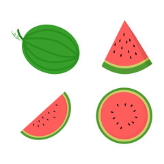 Set of whole and cut watermelon on white background.