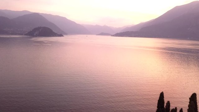 Como lake drone Aerial view, mountain sunset blue